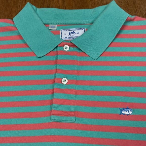 Southern Tide Men's Polo Shirt - Green & Pink Striped - Size L (40) - EUC - Picture 1 of 9